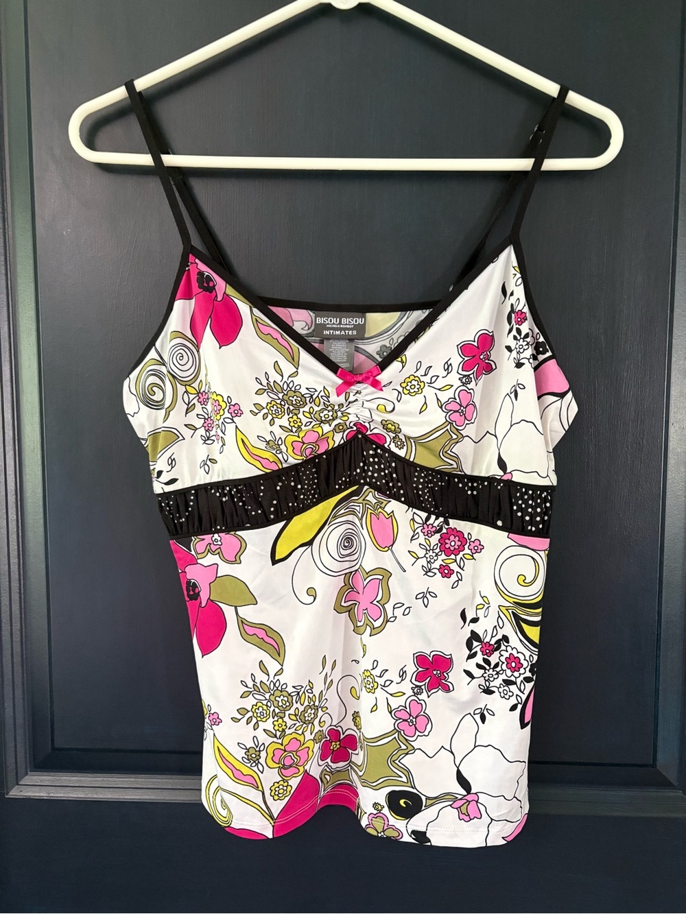 Bisou Bisou White Floral Spaghetti-Strap Cami with Black Band Large Y2K